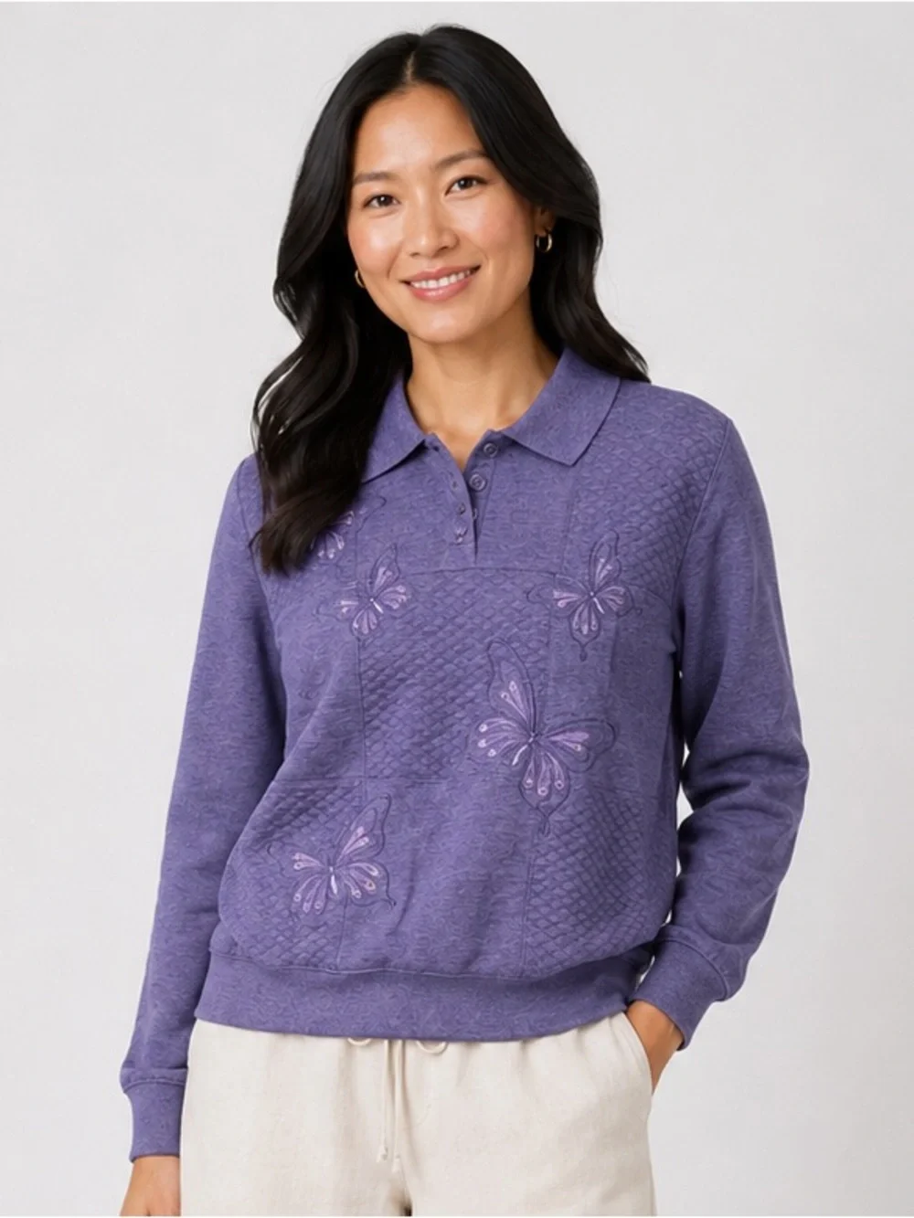 Alfred Dunner Embroidered Butterfly Beaded Sweater Collared Size XL Lavender